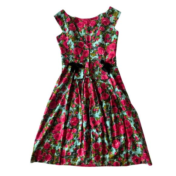 Vintage 1960s Walton Pierce Co. Grosse Pointe Dress Pink Rose Teal Velvet Bow 12 - Picture 1 of 13